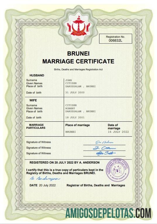 Realista modelo Word e PDF de certidão de casamento de Brunei